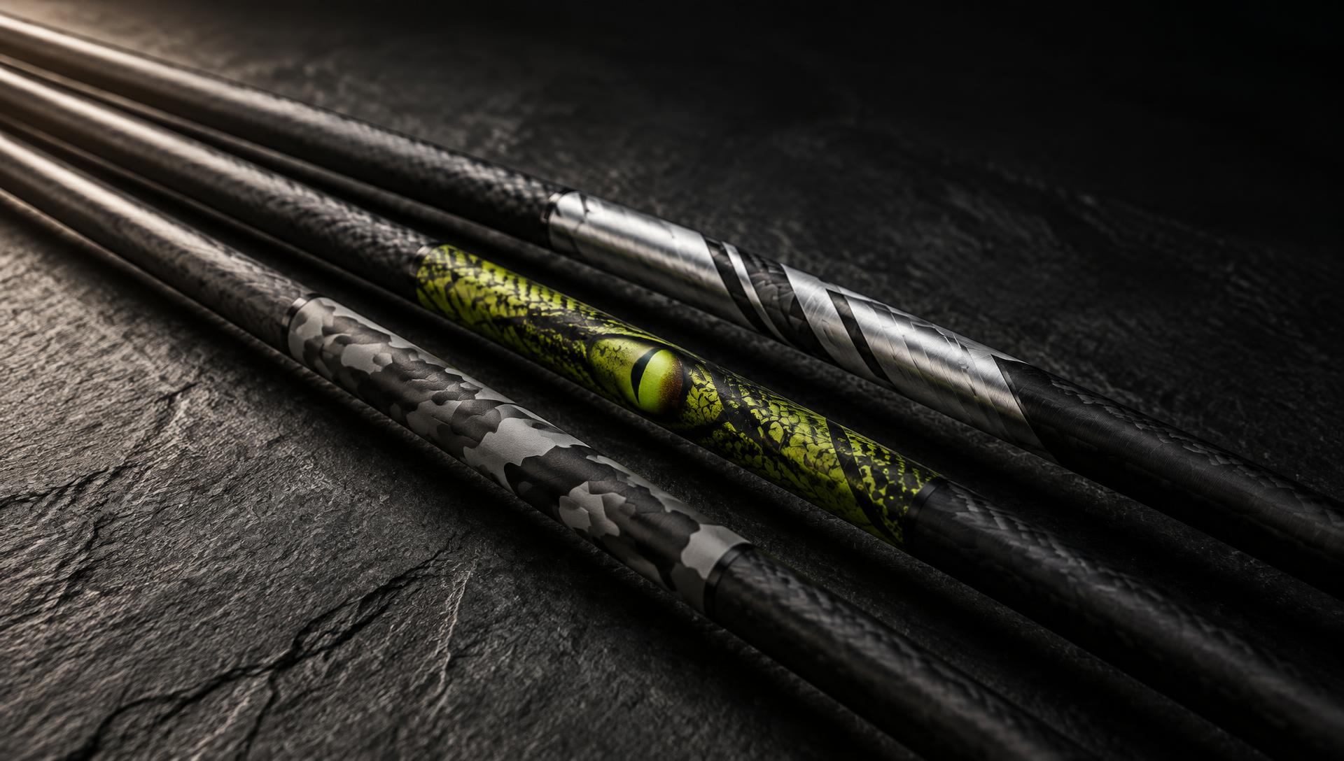 Carbon arrows fitted with Wraptor arrow wraps in brushed steel, camo and acid-green designs